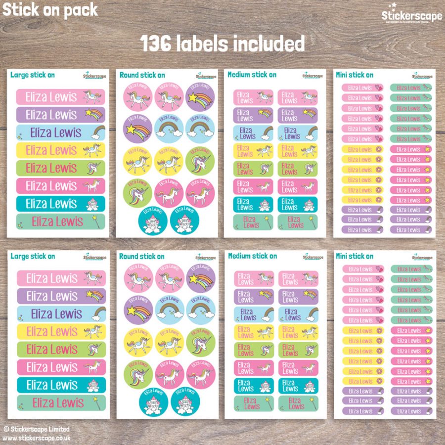 Unicorn stick on name labels Stick on name labels Stickerscape UK