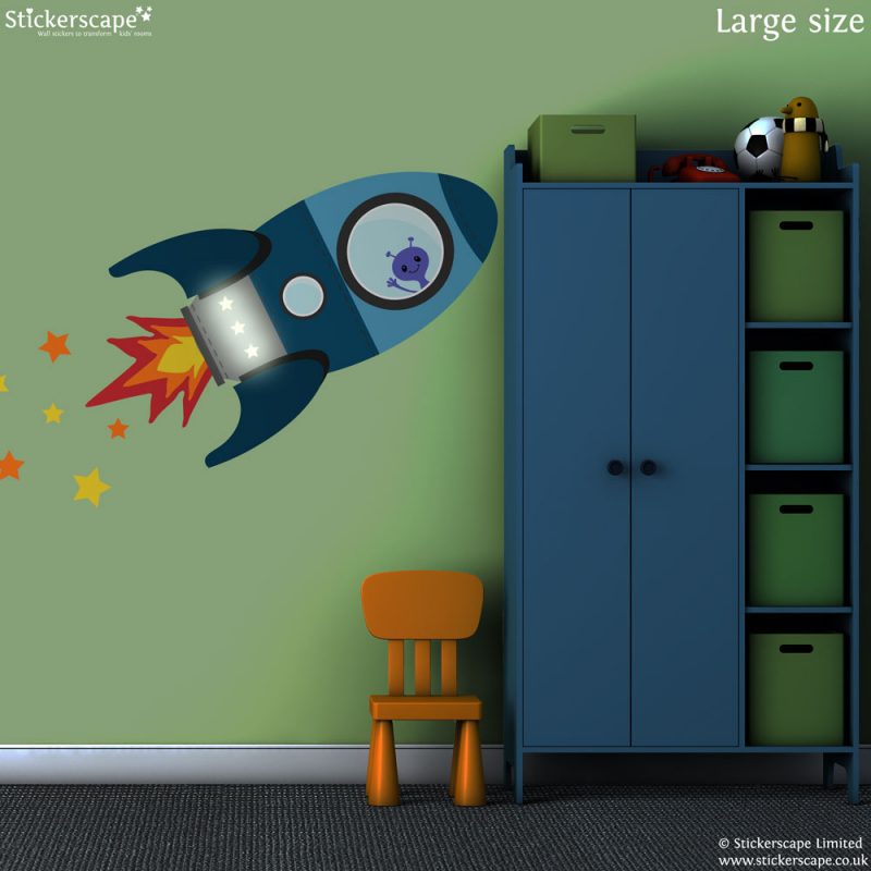 Blue flying rocket wall sticker | Space wall stickers | Stickerscape | UK