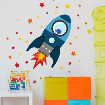 Blue Flying Rocket Wall Sticker | Space Wall Stickers | Stickerscape