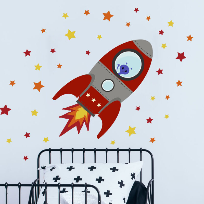 Red Flying Rocket Wall Sticker | Space Wall Stickers | Stickerscape