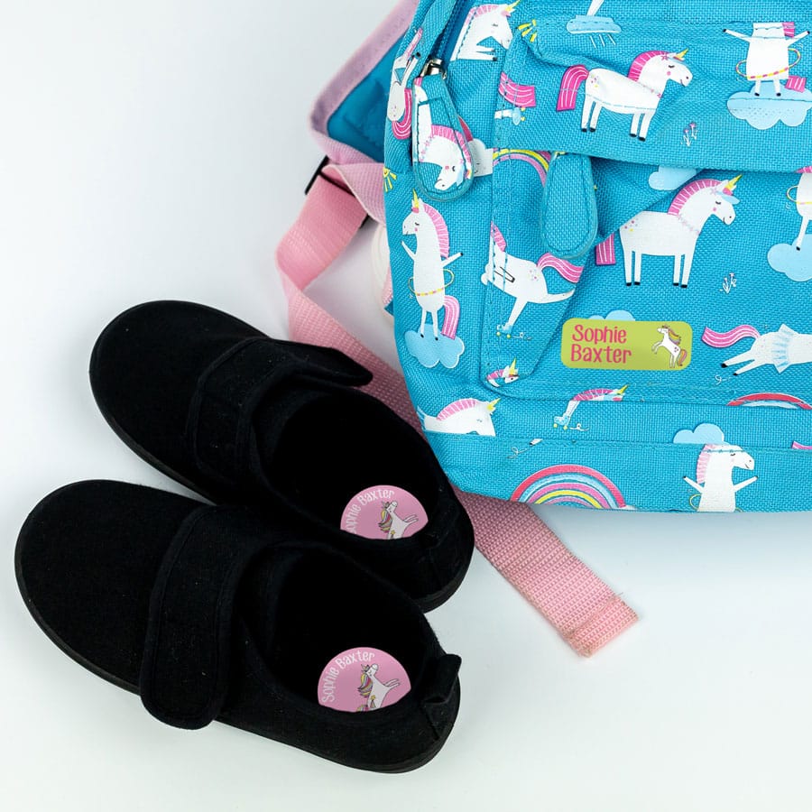 Unicorn Name Labels on a bag and shoes