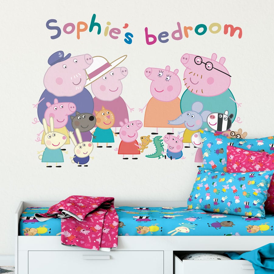 Personalised Peppa Pig and Family Wall Sticker (Large size) above a child's bed