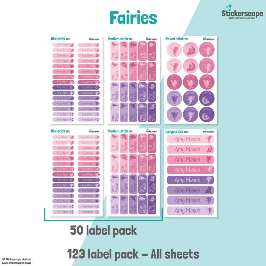 pack summary of our fairy stick on name labels on a white and teal background