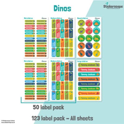 pack summary of our dinosaur stick on name labels on a white and teal background