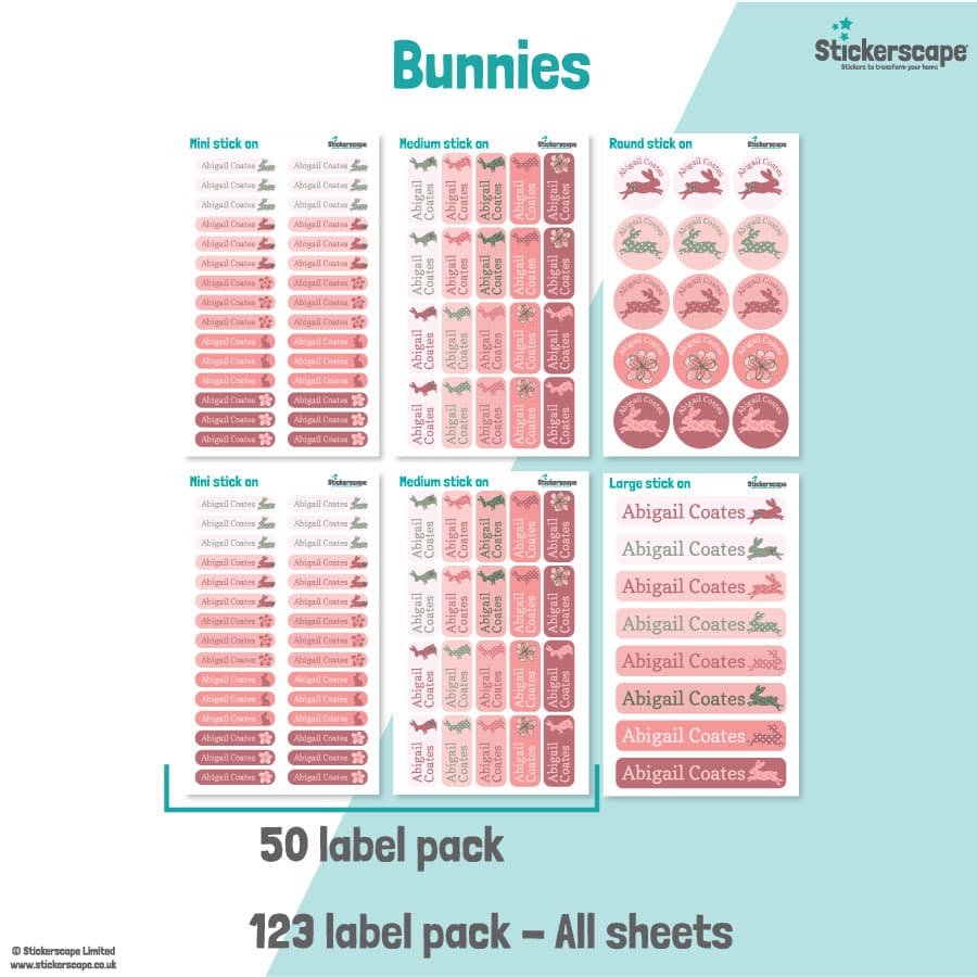 pack summary of our bunny stick on name labels on a white and teal background