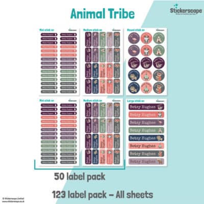 pack summary of our animal tribe stick on name labels on a white and teal background