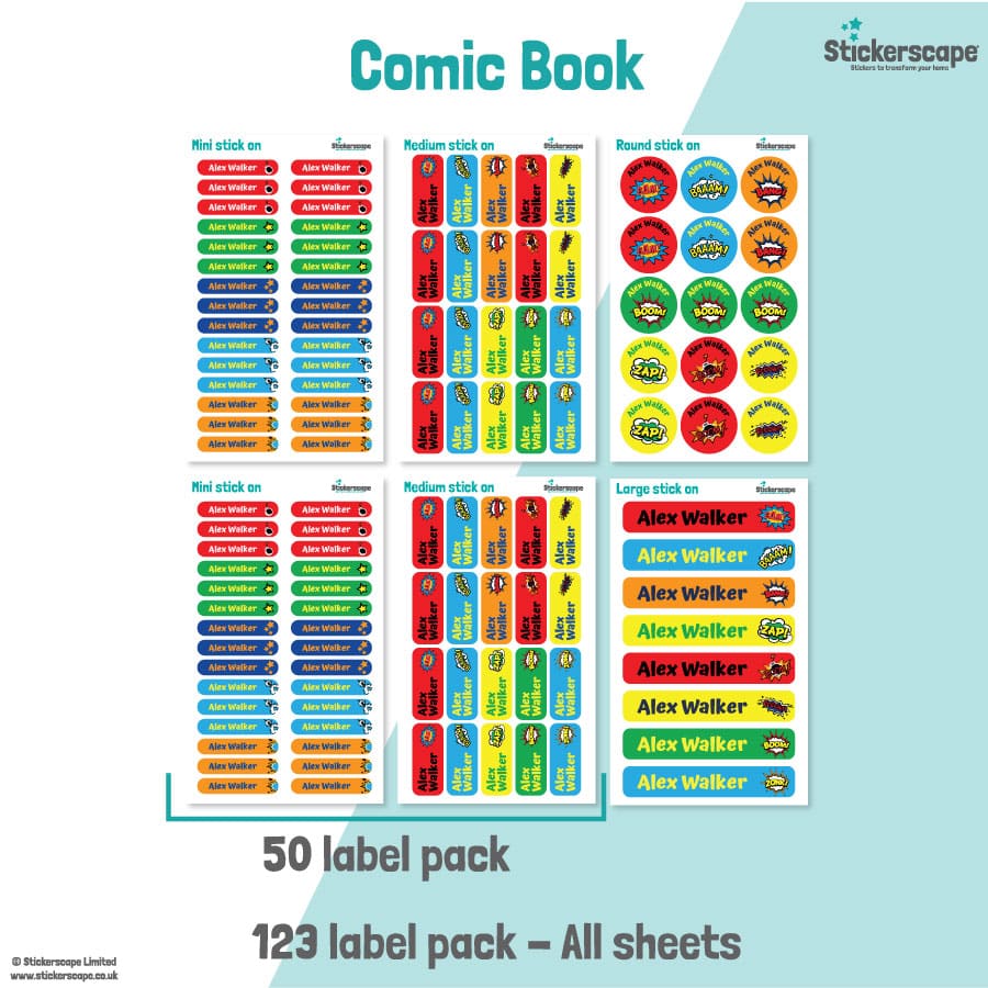 pack summary of our comic book stick on name labels on a white and teal background