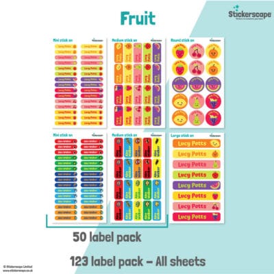 pack summary of our fruit stick on name labels on a white and teal background