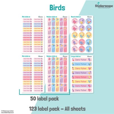 pack summary of our birds stick on name labels on a white and teal background