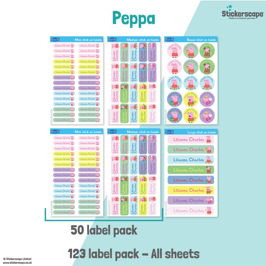 pack summary of our peppa pig stick on name labels on a white and teal background
