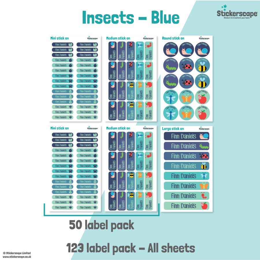 pack summary of our blue insects stick on name labels on a white and teal background