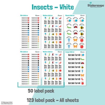 pack summary of our white insects stick on name labels on a white and teal background