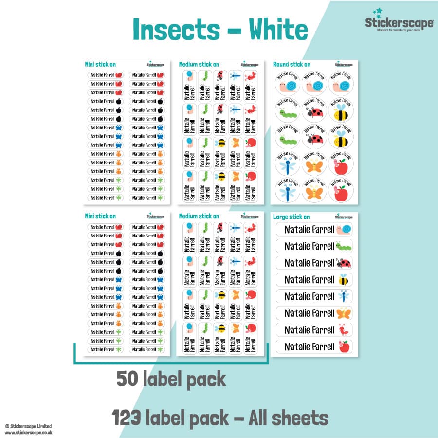 pack summary of our white insects stick on name labels on a white and teal background
