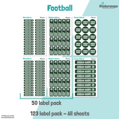 pack summary of our football stick on name labels on a white and teal background