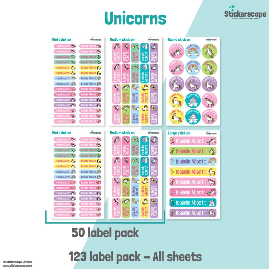 pack summary of our unicorns stick on name labels on a white and teal background