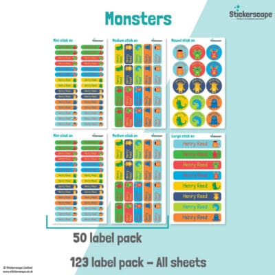 pack summary of our monsters stick on name labels on a white and teal background