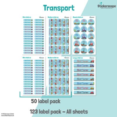 pack summary of our transport stick on name labels on a white and teal background