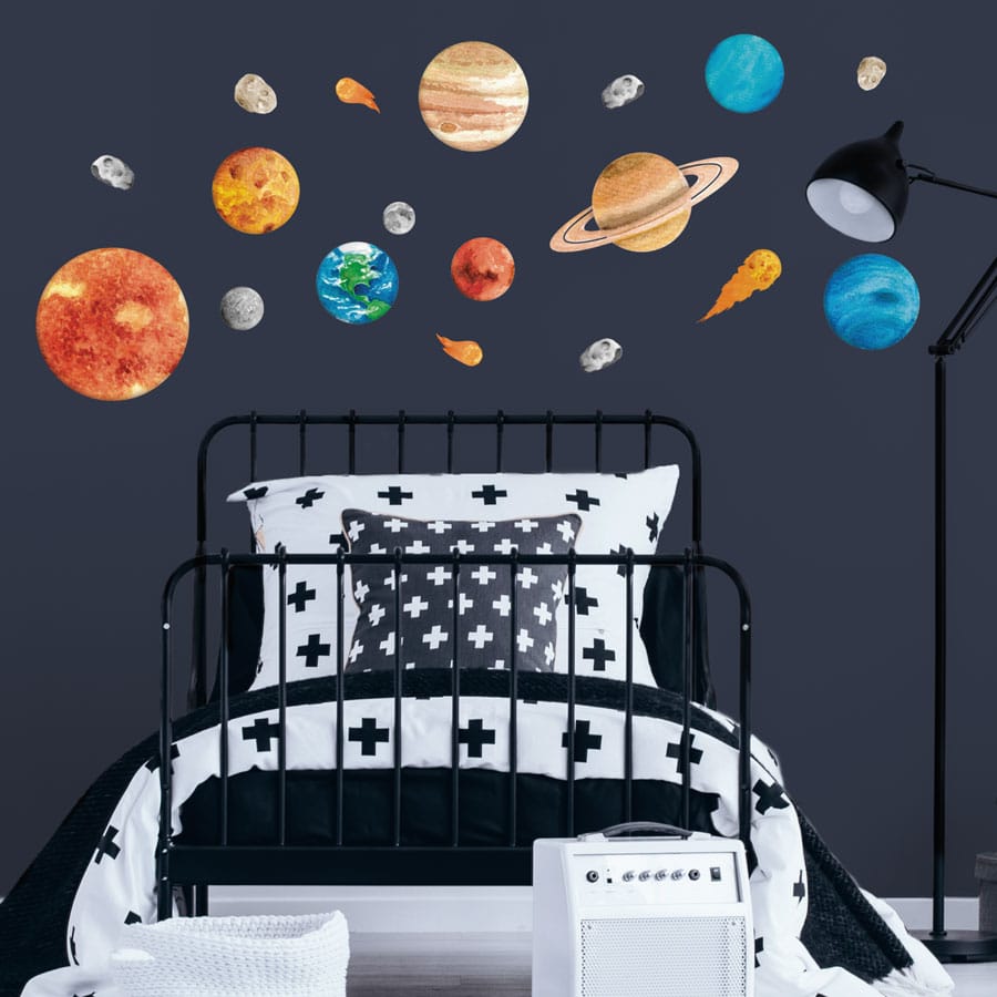 Solar System Wall Stickers on a navy blue wall