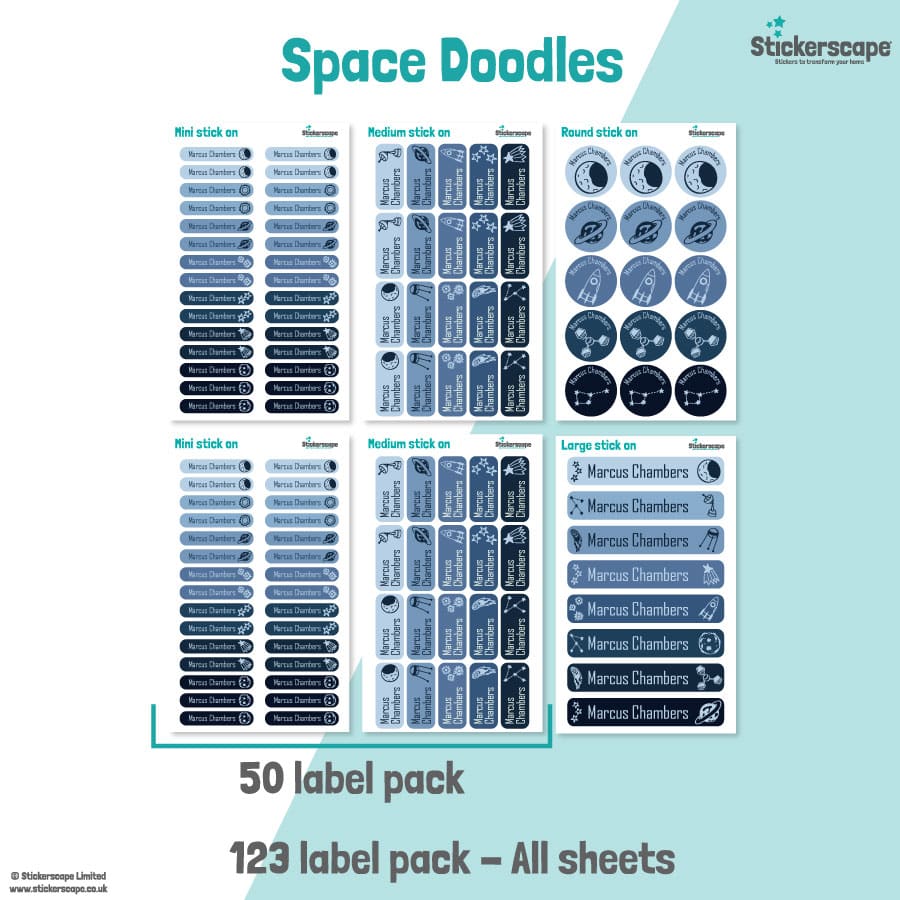 pack summary of our space stick on name labels on a white and teal background