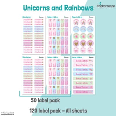 Unicorns and Rainbows Name Label Pack stickers included
