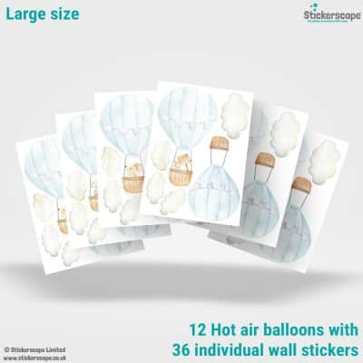 blue hot air balloon wall stickers showing what comes in a large size pack