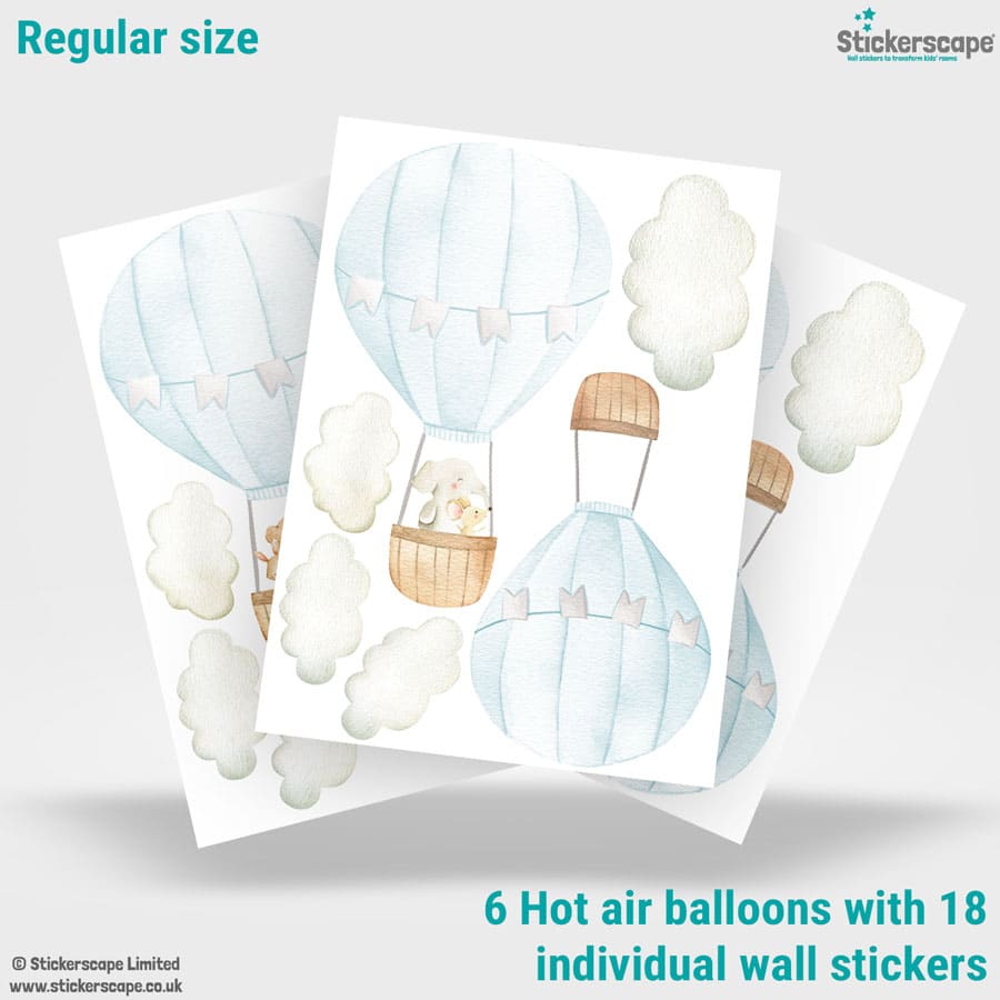 blue hot air balloon wall stickers showing what comes in a regular size pack