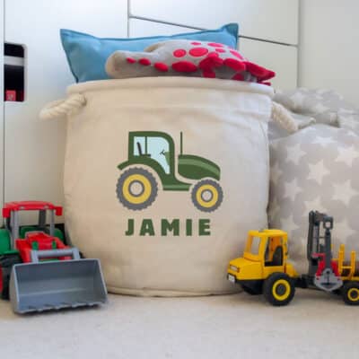 Green Tractor Storage Trug in a child's bedroom