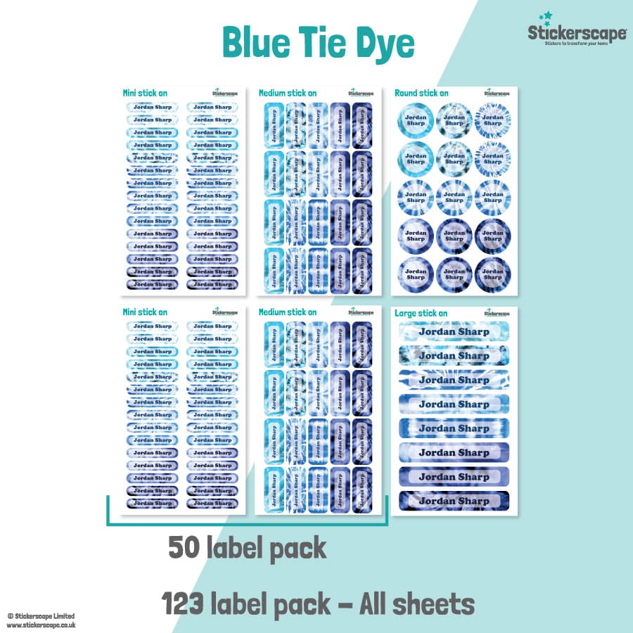 Blue Tie Dye Name Label Pack stickers included