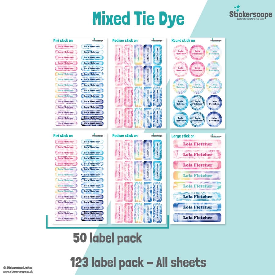 Mixed Tie Dye Name Label Pack stickers included
