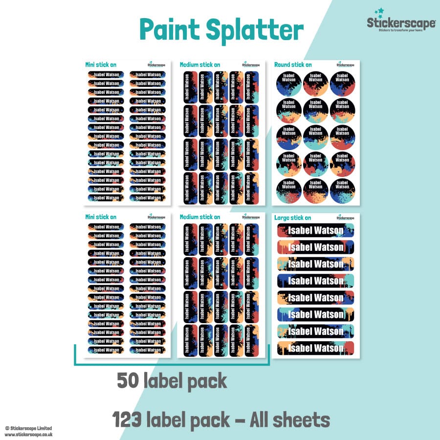 Paint Splatter Name Label Pack stickers included