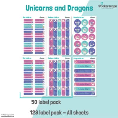 Unicorns and Dragons Name Label Pack stickers included