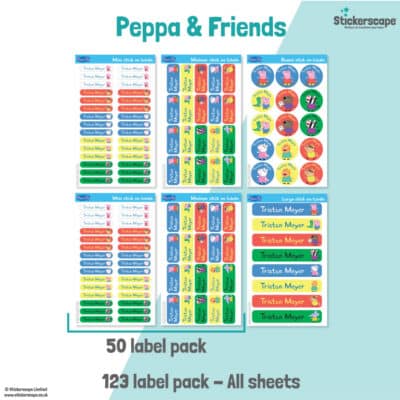 pack summary of our peppa and friends stick on name labels on a white and teal background