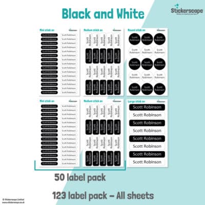 Black and White Name Label Pack stickers included