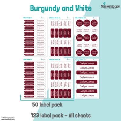 Burgundy and White Name Label Pack stickers included