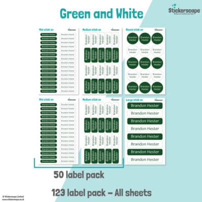 Green and White Name Label Pack stickers included