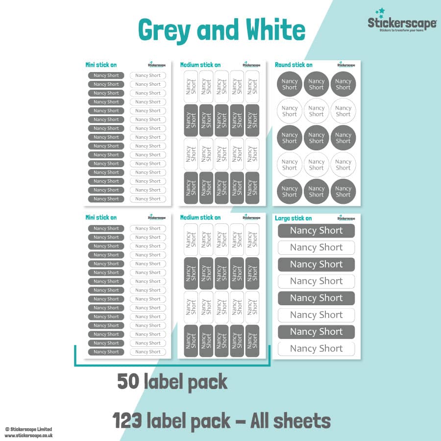 Grey and White Name Label Pack stickers included