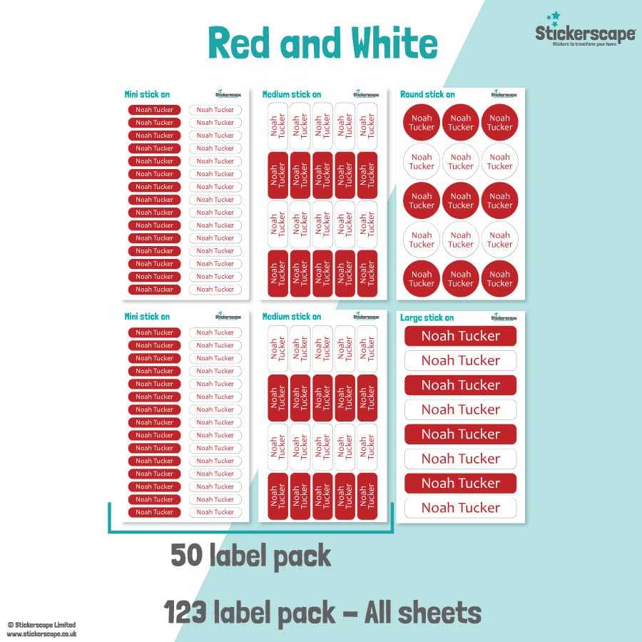 Red and White Name Label Pack stickers included