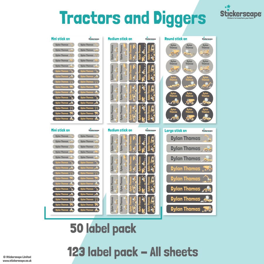 Tractors and Diggers Name Label Pack stickers included