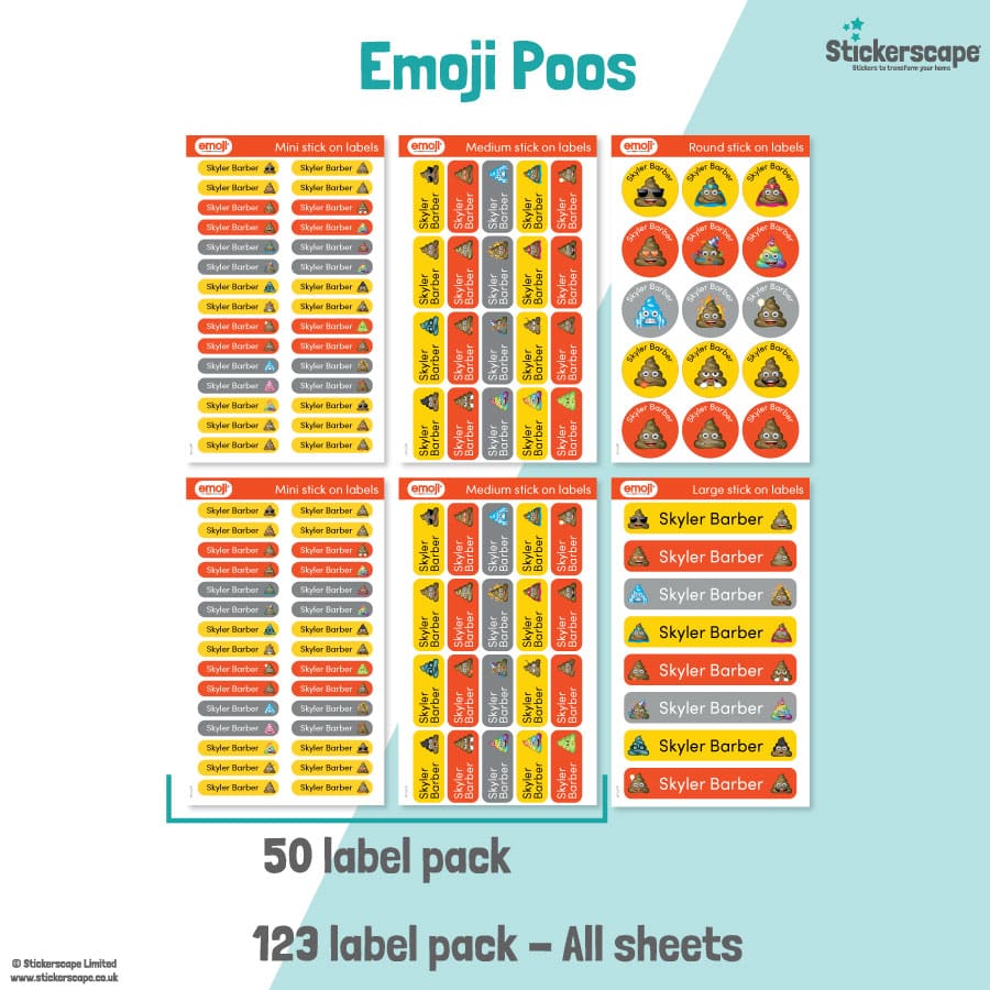 Emoji Poo Name Label Pack stickers included