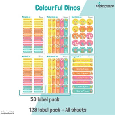 Colourful Dinos Name Label Pack stickers included