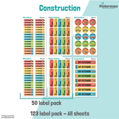pack summary of our construction stick on name labels on a white and teal background